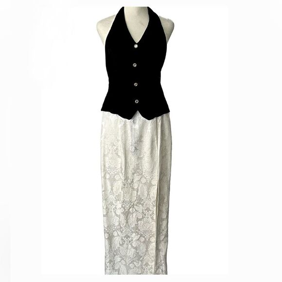 Jessica McClintock Gunne Sax Tuxedo Style Halter Dress in Cream and Black 9/10 N - Picture 2 of 16